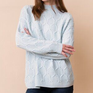 NWT! DongLi- 100% Cashmere Oversized Cable MockNeck Sweater in Ice Blue Twist